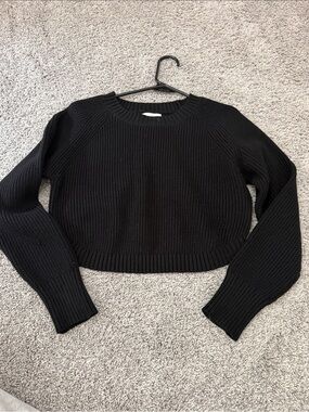 superdown Black Cropped Ribbed Crewneck Sweater, high back